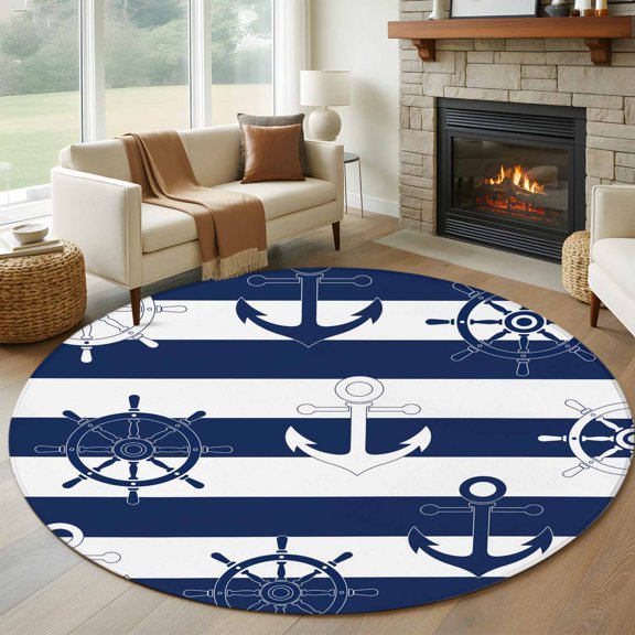 Round Area Rug 5ft Nautical Compass Anchor Area Rugs Washable Low Pile Floor Carpet for Bedroom, Coastal Ocean Navy Blue White Stripe Non Slip Soft Rugs for Living Room Entryway Dining Room