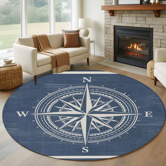 Round Area Rug 5ft Nautical Compass on Blue Area Rugs Washable Low Pile Floor Carpet for Bedroom, Vintage Ocean Theme Non Slip Soft Rugs for Living Room Entryway Dining Room