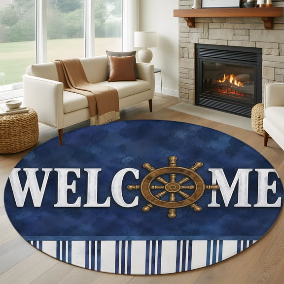 Round Area Rug 5ft Nautical Compass Welcome Text Area Rugs Washable Low Pile Floor Carpet for Bedroom, Coastal Navy Blue Stripe Non Slip Soft Rugs for Living Room Entryway Dining Room