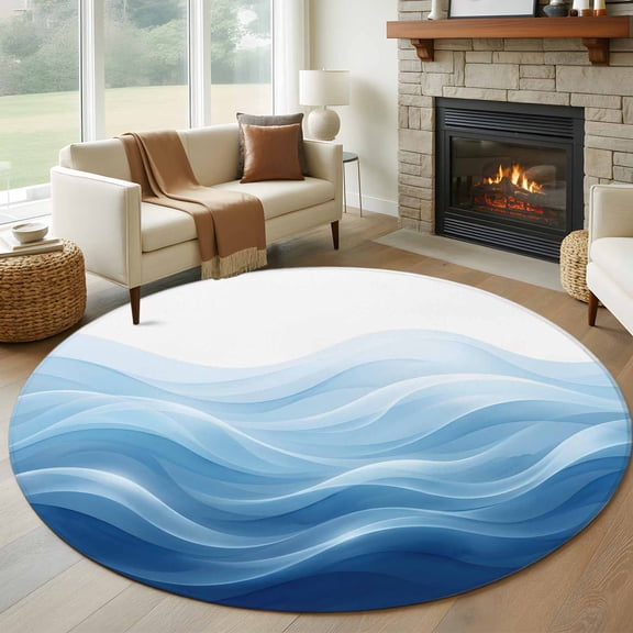 Round Area Rug 5ft Navy Blue Fluid Waves Area Rugs Washable Low Pile Floor Carpet for Bedroom, Minimalist Gradient Layered Non Slip Soft Rugs for Living Room Entryway Dining Room