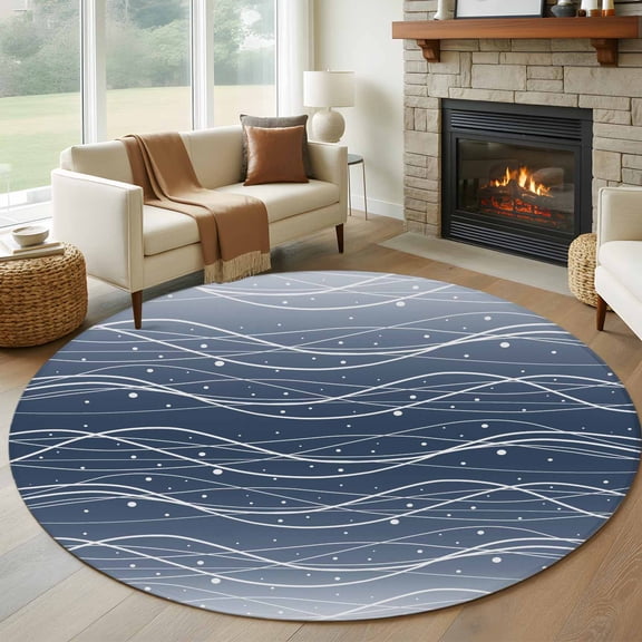 Round Area Rug 5ft, Ocean Gradient Navy Blue Waves Non-Slip Non-Shedding Floor Mat, Abstract Wave Points Washable Sturdy Carpet for Living Room Bedroom Home Decor