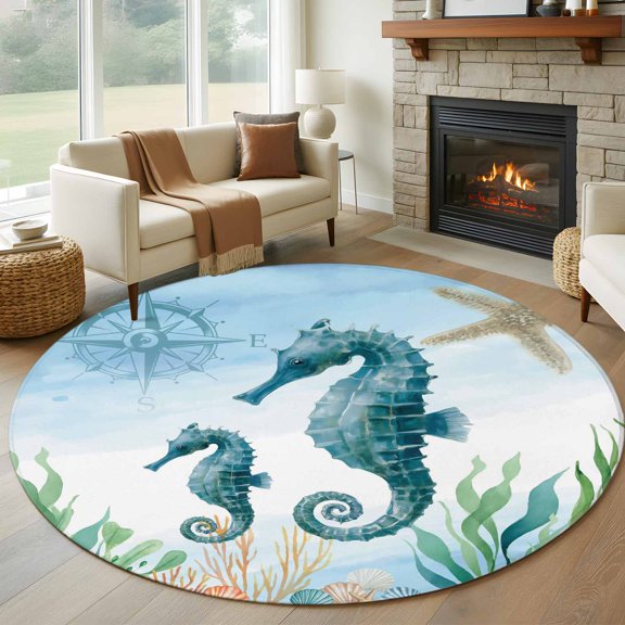 Round Area Rug 5ft Ocean Marine Life Seahorse Nautical Compass Area Rugs Washable Low Pile Floor Carpet for Bedroom, Blue Non Slip Soft Rugs for Living Room Entryway Dining Room