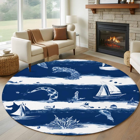 Round Area Rug 5ft Ocean Sailboat Coral Shark Whale Fish Area Rugs Washable Low Pile Floor Carpet for Bedroom, Marine Theme Blue Stripe Non Slip Soft Rugs for Living Room Entryway Dining Room