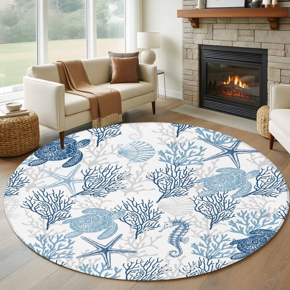 Round Area Rug 5ft Ocean Sea Turtle Blue Coral Area Rugs Washable Low Pile Floor Carpet for Bedroom, Sea Starfish Seahorse Non Slip Soft Rugs for Living Room Entryway Dining Room