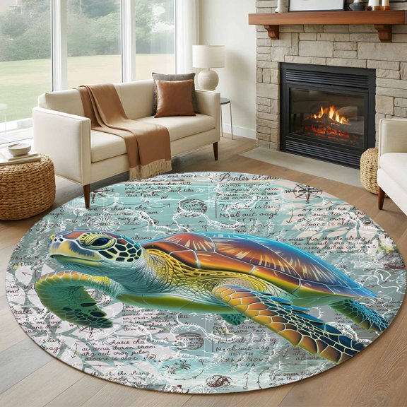 Round Area Rug 5ft Ocean Sea Turtle Nautical Map Area Rugs Washable Low Pile Floor Carpet for Bedroom, Underwater Marine Life Non Slip Soft Rugs for Living Room Entryway Dining Room
