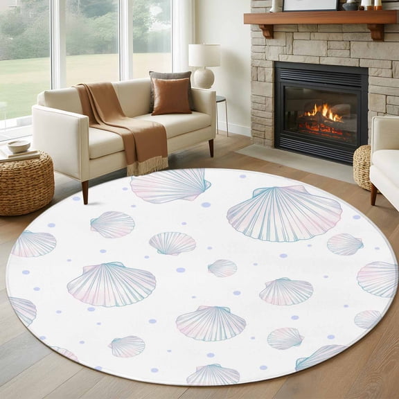 Round Area Rug 5ft Ocean Shell Blue Pink Gradient Area Rugs Washable Low Pile Floor Carpet for Bedroom, Seamless Marine Life Polka Dot Non Slip Soft Rugs for Living Room Entryway Dining Room