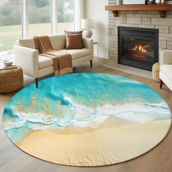 Round Area Rug 5ft Ocean Summer Beach Sea Wave Area Rugs Washable Low Pile Floor Carpet for Bedroom, Watercolor Sandbeach Coastline Art Non Slip Soft Rugs for Living Room Entryway Dining Room