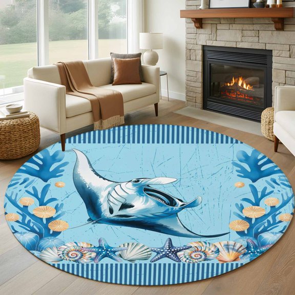 Round Area Rug 5ft Oceans Devilfish Sea Stars Area Rugs Washable Low Pile Floor Carpet for Bedroom, Shells Blue Striped Non Slip Soft Rugs for Living Room Entryway Dining Room