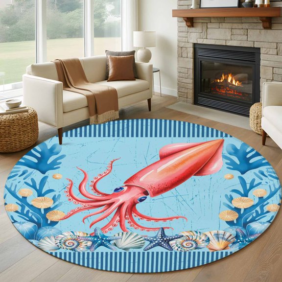 Round Area Rug 5ft Oceans Red Squid Sea Stars Area Rugs Washable Low Pile Floor Carpet for Bedroom, Shells Blue Striped Non Slip Soft Rugs for Living Room Entryway Dining Room