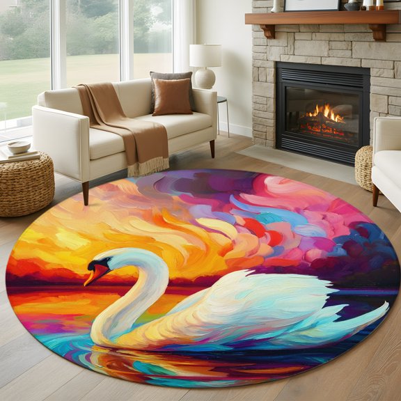 Round Area Rug 5ft Oil Style Animals Swan Area Rugs Washable Low Pile Floor Carpet for Bedroom, Sunset Background Non Slip Soft Rugs for Living Room Entryway Dining Room
