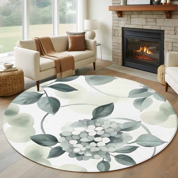 Round Area Rug 5ft Ombre Green Flowers Circle Kitchen Mats Non-Slip Floral Leaves Plant Washable Round Carpet for Kitchen Living Room Bedroom Home Decor
