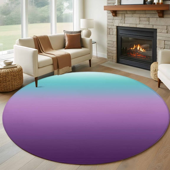 Round Area Rug 5ft Ombre Purple Teal Circle Kitchen Mats Non-Slip Gradient Stripes Washable Round Carpet for Kitchen Living Room Bedroom Home Decor