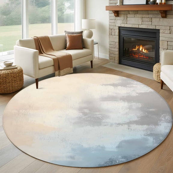 Round Area Rug 5ft Ombre off White Blue Painting Circle Kitchen Mats Non-Slip Abstract Art Washable Round Carpet for Kitchen Living Room Bedroom Home Decor