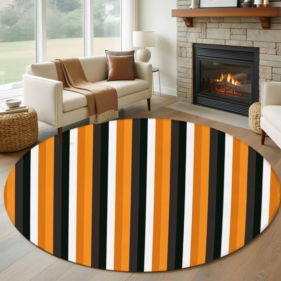 Round Area Rug 5ft Orange Stripes Happy Halloween Area Rugs Washable Low Pile Floor Carpet for Bedroom, Fall Theme Black Lines Non Slip Soft Rugs for Living Room Entryway Dining Room