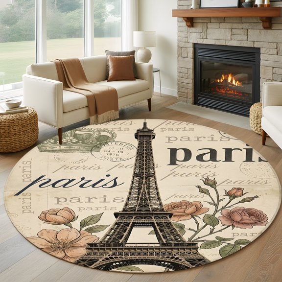 Round Area Rug 5ft Paris Architecture Tower Crown Area Rugs Washable Low Pile Floor Carpet for Bedroom, Blossom Flower Stamp Texture Non Slip Soft Rugs for Living Room Entryway Dining Room