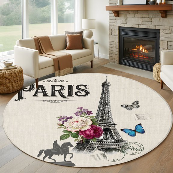 Round Area Rug 5ft Paris Iconic Architecture Tower on Linen Area Rugs Washable Low Pile Floor Carpet for Bedroom, Flower Butterfly Stamp Non Slip Soft Rugs for Living Room Entryway Dining Room