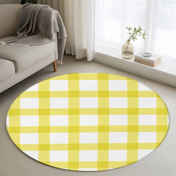 Round Area Rug 4ft,Farmhouse Yellow White Buffalo Lattice Washable Carpet Non-Slip Runner Accent Rugs Indoor Floor Mat for Bedroom Living Room Decor,Rural Farm