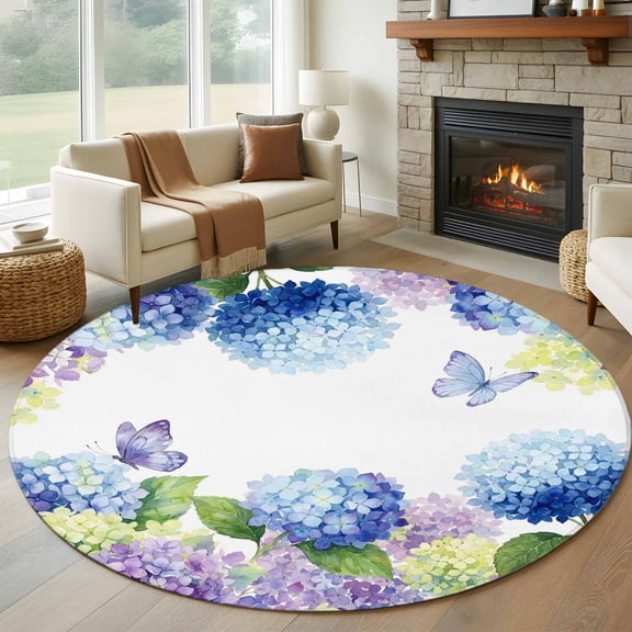Round Area Rug 5ft Pastoral Colorful Hydrangea Butterfly Area Rugs Washable Low Pile Floor Carpet for Bedroom, Blue Purple Flower Leaf Non Slip Soft Rugs for Living Room Entryway Dining Room