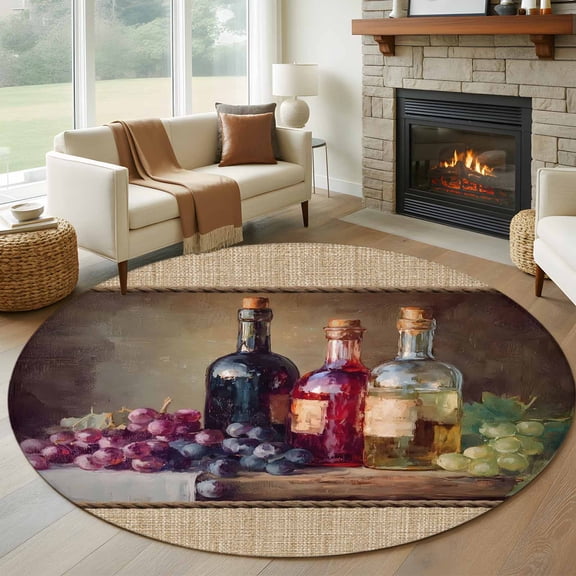 Round Area Rug 5ft Pastoral Grape Leaves Wine Area Rugs Washable Low Pile Floor Carpet for Bedroom, Country Plank Retro Linen Non Slip Soft Rugs for Living Room Entryway Dining Room