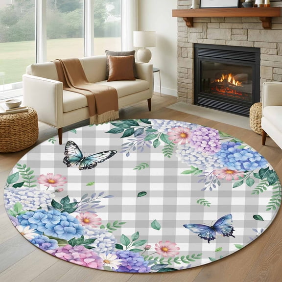 Round Area Rug 5ft, Pastoral Hydrangea Daisy Leaf Non-Slip Non-Shedding Floor Mat, Rustic Butterfly Buffalo Plaid Washable Sturdy Carpet for Living Room Bedroom Home Decor