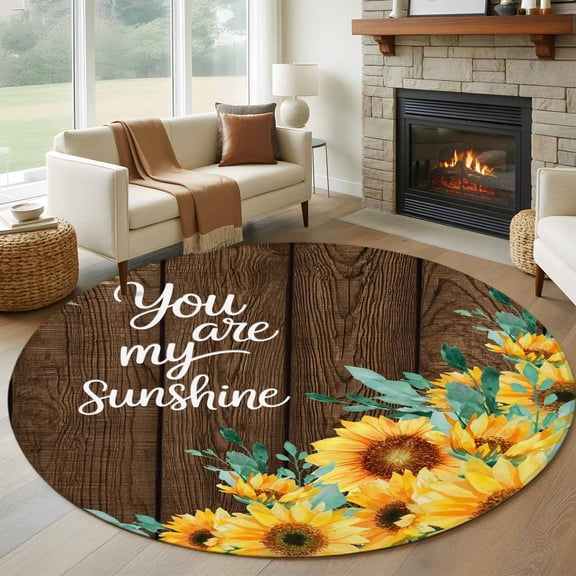 Round Area Rug 5ft Pastoral Sunflower Brown Plank Area Rugs Washable Low Pile Floor Carpet for Bedroom, You Are My Sunshine Quote Non Slip Soft Rugs for Living Room Entryway Dining Room