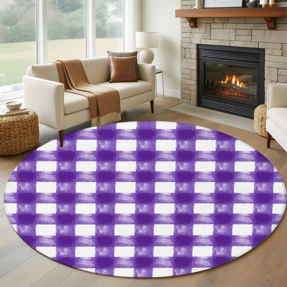Round Area Rug 5ft Pastoral Watercolor Purple White Grid Area Rugs Washable Low Pile Floor Carpet for Bedroom, Farmhouse Style Non Slip Soft Rugs for Living Room Entryway Dining Room