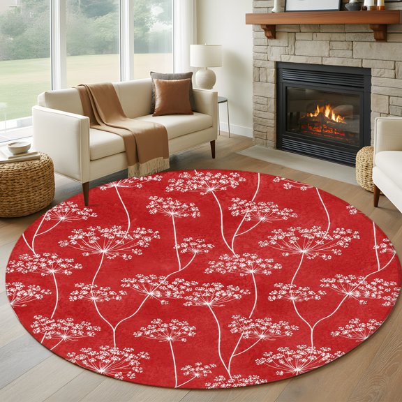 Round Area Rug 5ft, Pastoral Wildflowers Dandelion Non-Shedding Washable Area Rug, Vibrant Red Background Non Slip Low-Profile Circle Rugs for Living Room, Bedroom Dining Room
