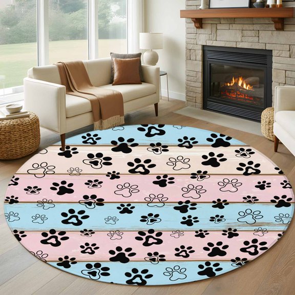 Round Area Rug 5ft Paw Print Circle Kitchen Mats Non-Slip Animal Blue Pink Wood Grain Washable Round Carpet for Kitchen Living Room Bedroom Home Decor