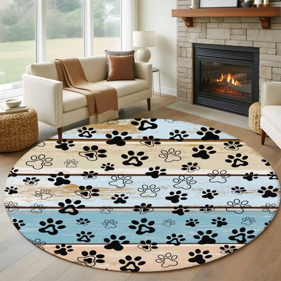 Round Area Rug 5ft Paw Print Circle Kitchen Mats Non-Slip Animal Blue Wood Grain Washable Round Carpet for Kitchen Living Room Bedroom Home Decor