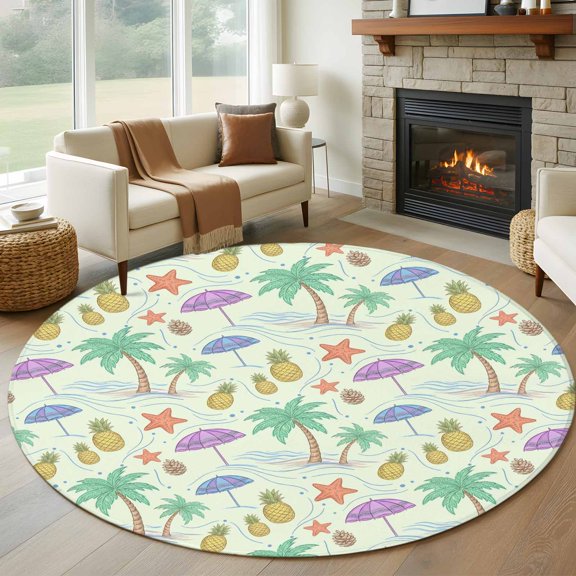 Round Area Rug 5ft Pineapple Starfish Coconut Tree Area Rugs Washable Low Pile Floor Carpet for Bedroom, Summer Seaside Ocean Theme Non Slip Soft Rugs for Living Room Entryway Dining Room