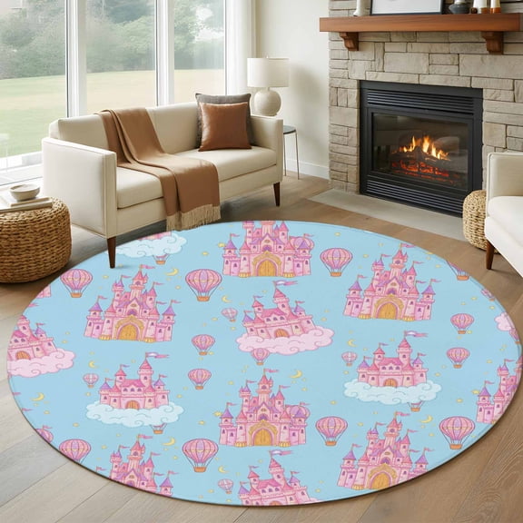 Round Area Rug 5ft, Pink Dream Castle Cloud Balloons on Blue Non-Slip Non-Shedding Floor Mat, Children's Day Washable Sturdy Carpet for Living Room Bedroom Home Decor