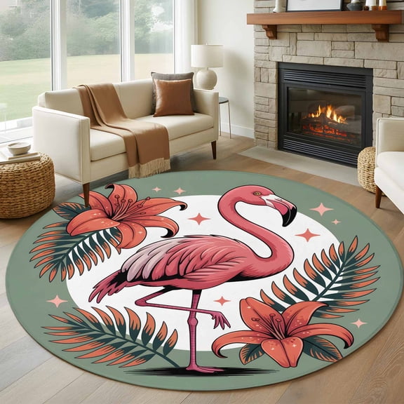 Round Area Rug 5ft,Pink Flamingos Flower Leaf Washable Carpet Non-Slip Runner Accent Rugs Indoor Floor Mat for Bedroom Living Room Decor,Tropical Plant Animal