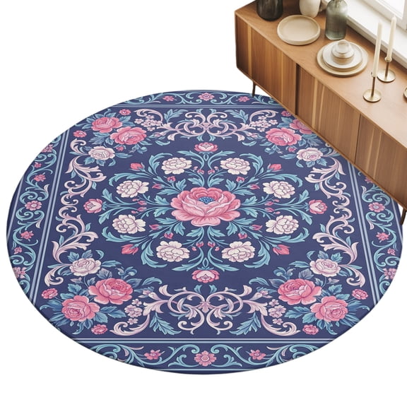 Round Area Rug 5ft Pink Floral Bloom Floor Carpets Indoor Floor Area Mat Stain-Proof Mat Circle Rugs for Living Room Dining Room Kitchen Bedroom, Navy Blue Vibrant Flower Vines Sofa Throw Carpet