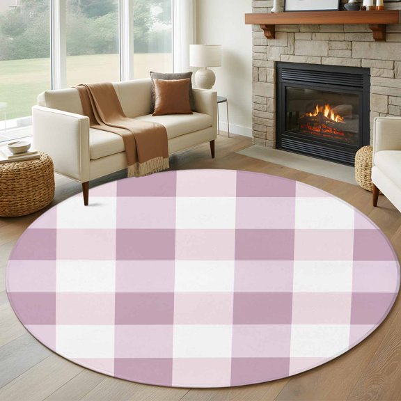 Round Area Rug 5ft Pink White Plaid Circle Kitchen Mats Non-Slip Simple Style Washable Round Carpet for Kitchen Living Room Bedroom Home Decor