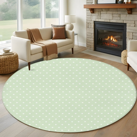 Round Area Rug 5ft, Polka Dot on Green Non-Slip Non-Shedding Floor Mat, Minimalist Dots Spring Vibrant Theme Washable Sturdy Carpet for Living Room Bedroom Home Decor