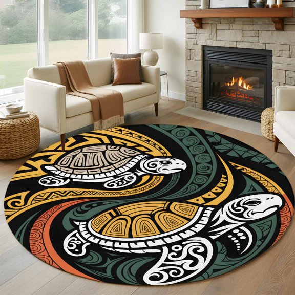Round Area Rug 5ft Polynesia Sea Turtle Area Rugs Washable Low Pile Floor Carpet for Bedroom, Traditional Tribe Ocean Life Non Slip Soft Rugs for Living Room Entryway Dining Room