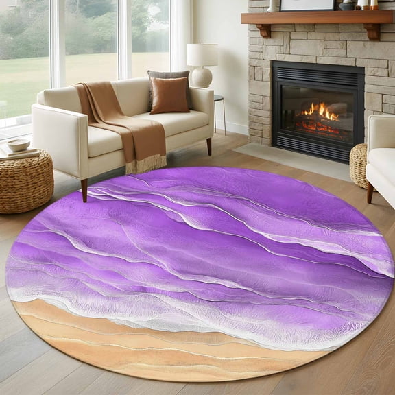 Round Area Rug 5ft, Purple Beige Ocean Waves Non-Slip Non-Shedding Floor Mat, Beach Stripe Water Ripple Washable Sturdy Carpet for Living Room Bedroom Home Decor