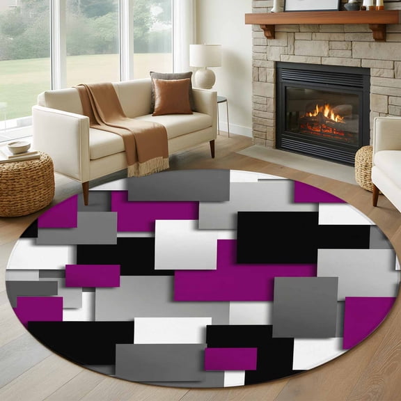 Round Area Rug 5ft, Purple Gray Black Grid Lattice Non-Slip Non-Shedding Floor Mat, Geometric Square Texture Washable Sturdy Carpet for Living Room Bedroom Home Decor