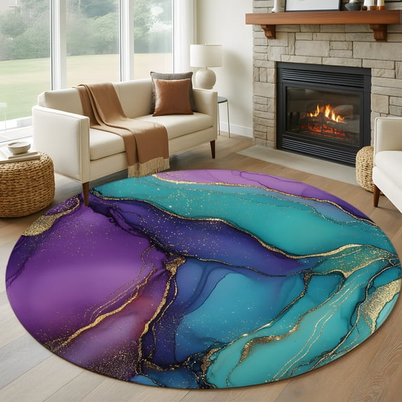 Round Area Rug 5ft, Purple Teal Gold Marble Texture Non-Shedding Washable Area Rug, Abstract Crack Ombre Art Non Slip Low-Profile Circle Rugs for Living Room, Bedroom Dining Room
