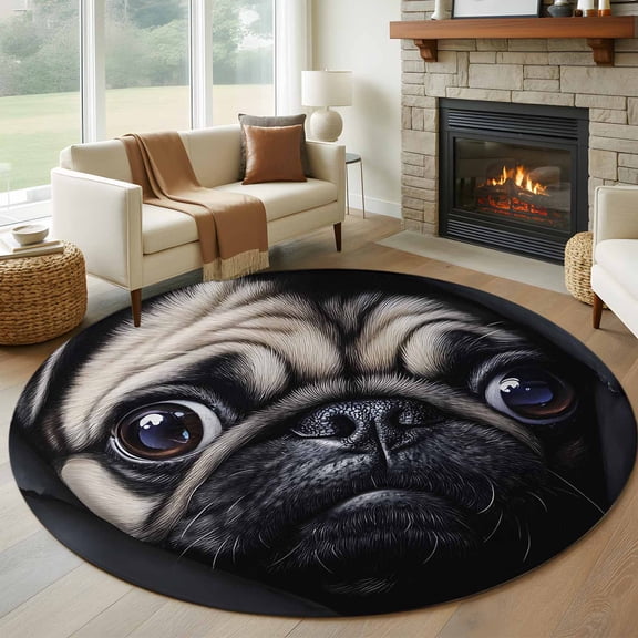 Round Area Rug 5ft Realistic Pug Dog Pattern Area Rugs Washable Low Pile Floor Carpet for Bedroom, Dark Background Non Slip Soft Rugs for Living Room Entryway Dining Room
