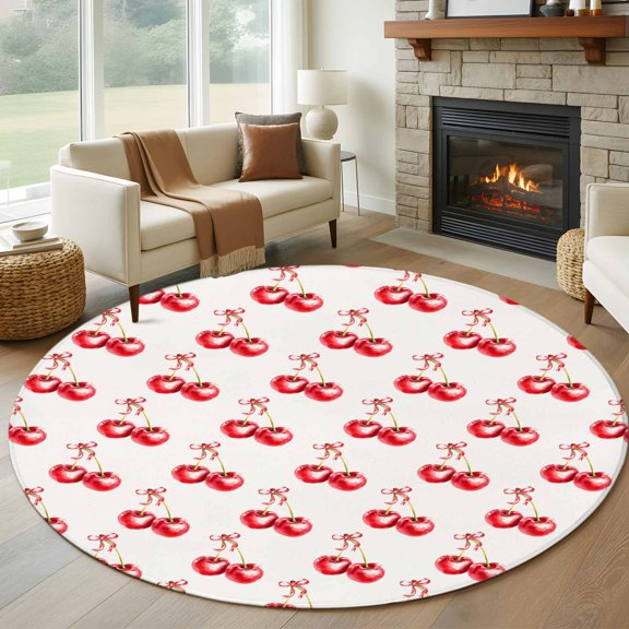 Round Area Rug 5ft Red Cherry Fruit Seamless Area Rugs Washable Low Pile Floor Carpet for Bedroom, Food Focus Non Slip Soft Rugs for Living Room Entryway Dining Room