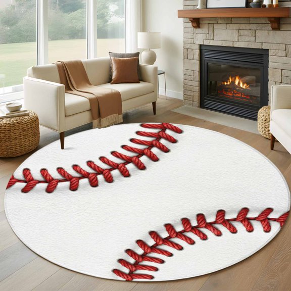 Round Area Rug 5ft Red White Baseball Stitching Texture Area Rugs Washable Low Pile Floor Carpet for Bedroom, Sport Theme Non Slip Soft Rugs for Living Room Entryway Dining Room