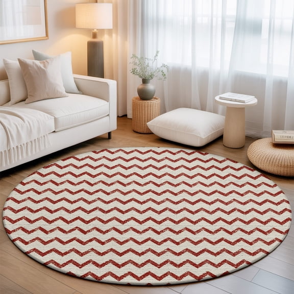 Round Area Rug - 5ft Red Zigzag Stripes Non Slip Washable Circle Carpet Soft Large Floor Rugs for Living Room Bedroom Nursery Office