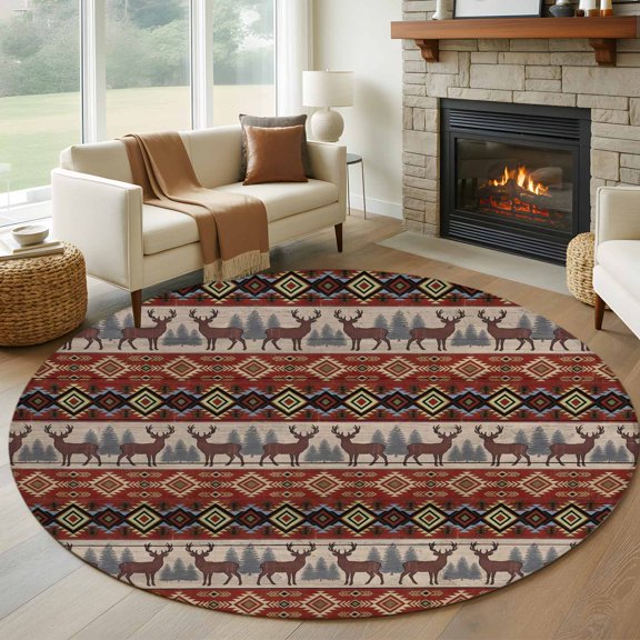 Round Area Rug 5ft, Reindeer Forest Ethnic Stripes Non-Shedding Washable Area Rug, Retro Tribal Non Slip Low-Profile Circle Rugs for Living Room, Bedroom Dining Room