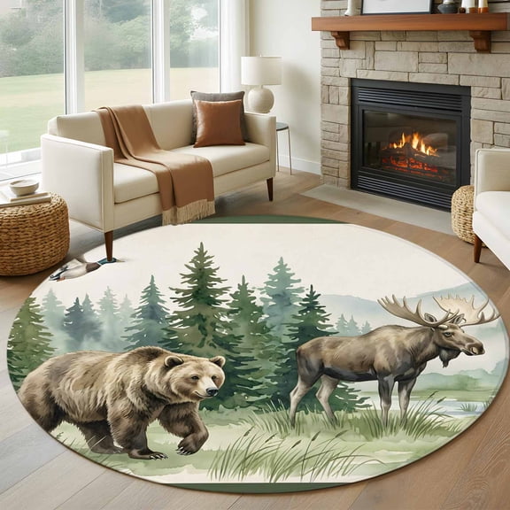 Round Area Rug 5ft, Retro Animal Bear Moose Non-Shedding Washable Area Rug, Green Pine Trees Non Slip Low-Profile Circle Rugs for Living Room, Bedroom Dining Room
