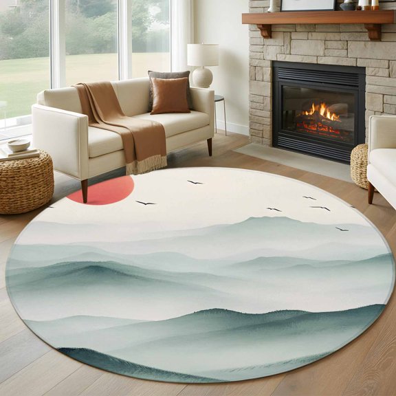 Round Area Rug 5ft,Retro Art Sun Foggy Mountain Scene Washable Carpet Non-Slip Runner Accent Rugs Indoor Floor Mat for Bedroom Living Room Decor,Bird Abstract Gradient