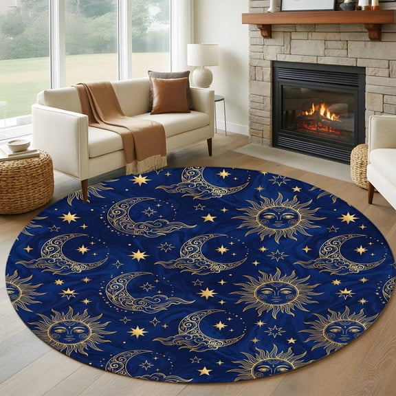 Round Area Rug 5ft Retro Boho Star and Moon Area Rugs Washable Low Pile Floor Carpet for Bedroom, Dark Blue Night Sky Non Slip Soft Rugs for Living Room Entryway Dining Room