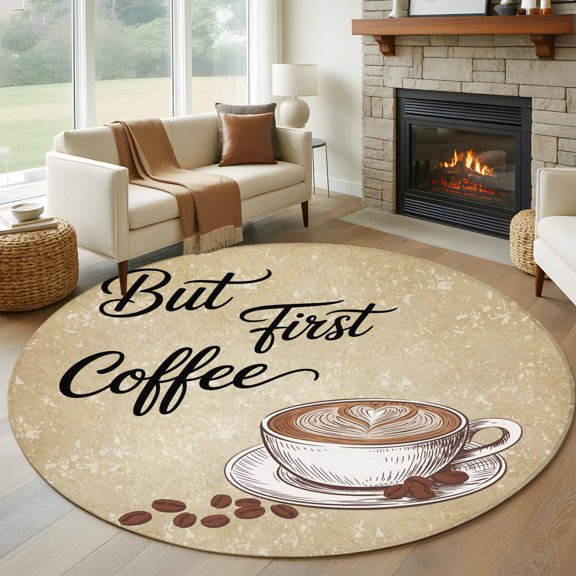 Round Area Rug 5ft Retro Coffee Theme Area Rugs Washable Low Pile Floor Carpet for Bedroom, Coffee Cup Beans Vintage Back Non Slip Soft Rugs for Living Room Entryway Dining Room