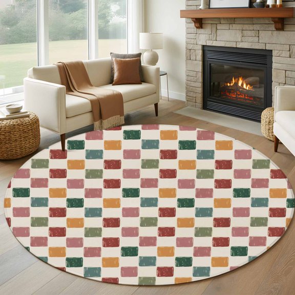 Round Area Rug 5ft, Retro Colorful Buffalo Plaid Non-Shedding Washable Area Rug, Red Pink Orange Green Beige Check Non Slip Low-Profile Circle Rugs for Living Room, Bedroom Dining Room