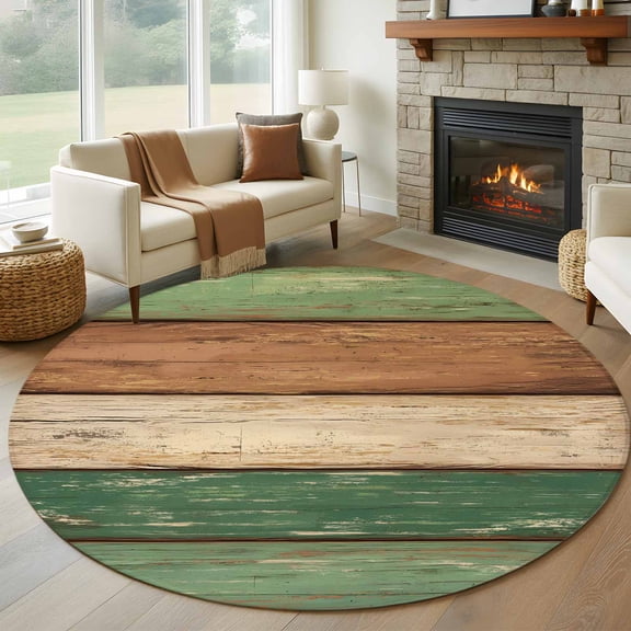 Round Area Rug 5ft Retro Country Wood Board Area Rugs Washable Low Pile Floor Carpet for Bedroom, Abstract Green Striped Plank Non Slip Soft Rugs for Living Room Entryway Dining Room